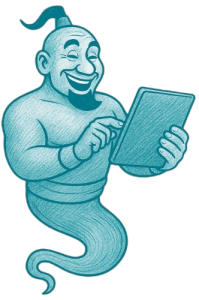 SRM Genie mascot holding a tablet